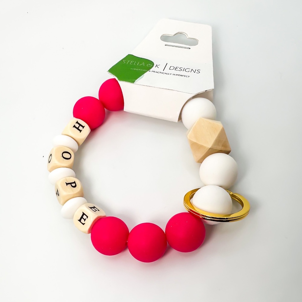 Silicone Beaded Keyring with Wooden Letters - Handmade